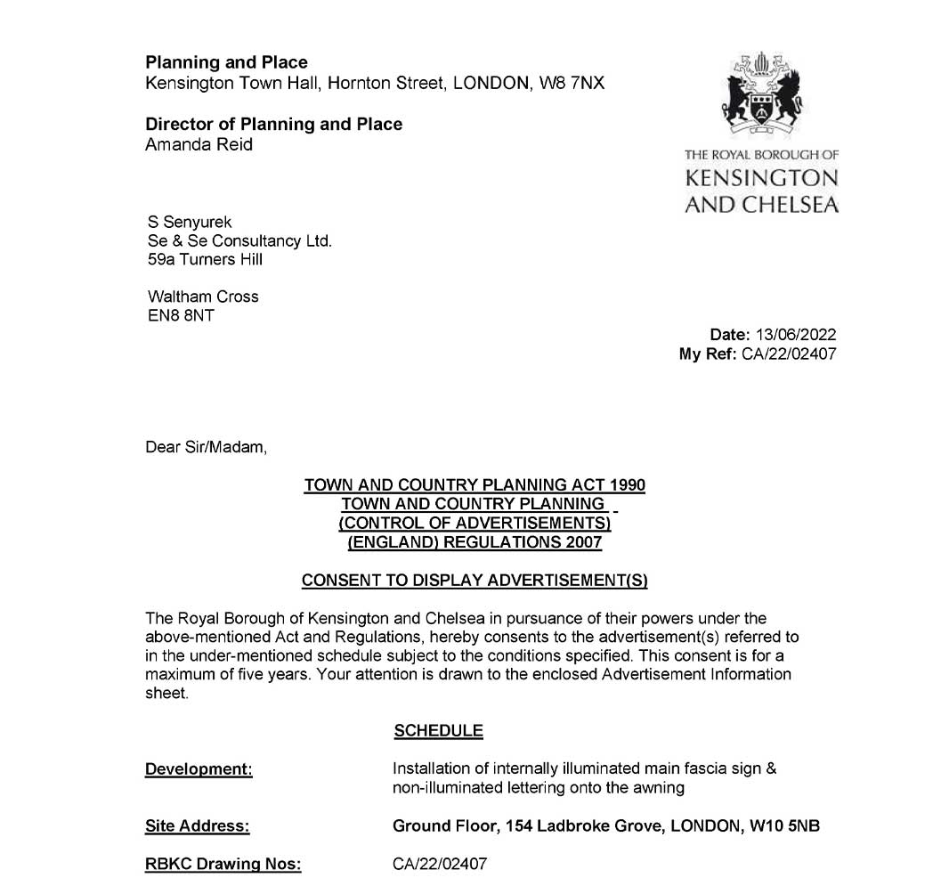 154 Ladbroke Grove, London W10 5NB, Signage Planning Application Decision Notice
