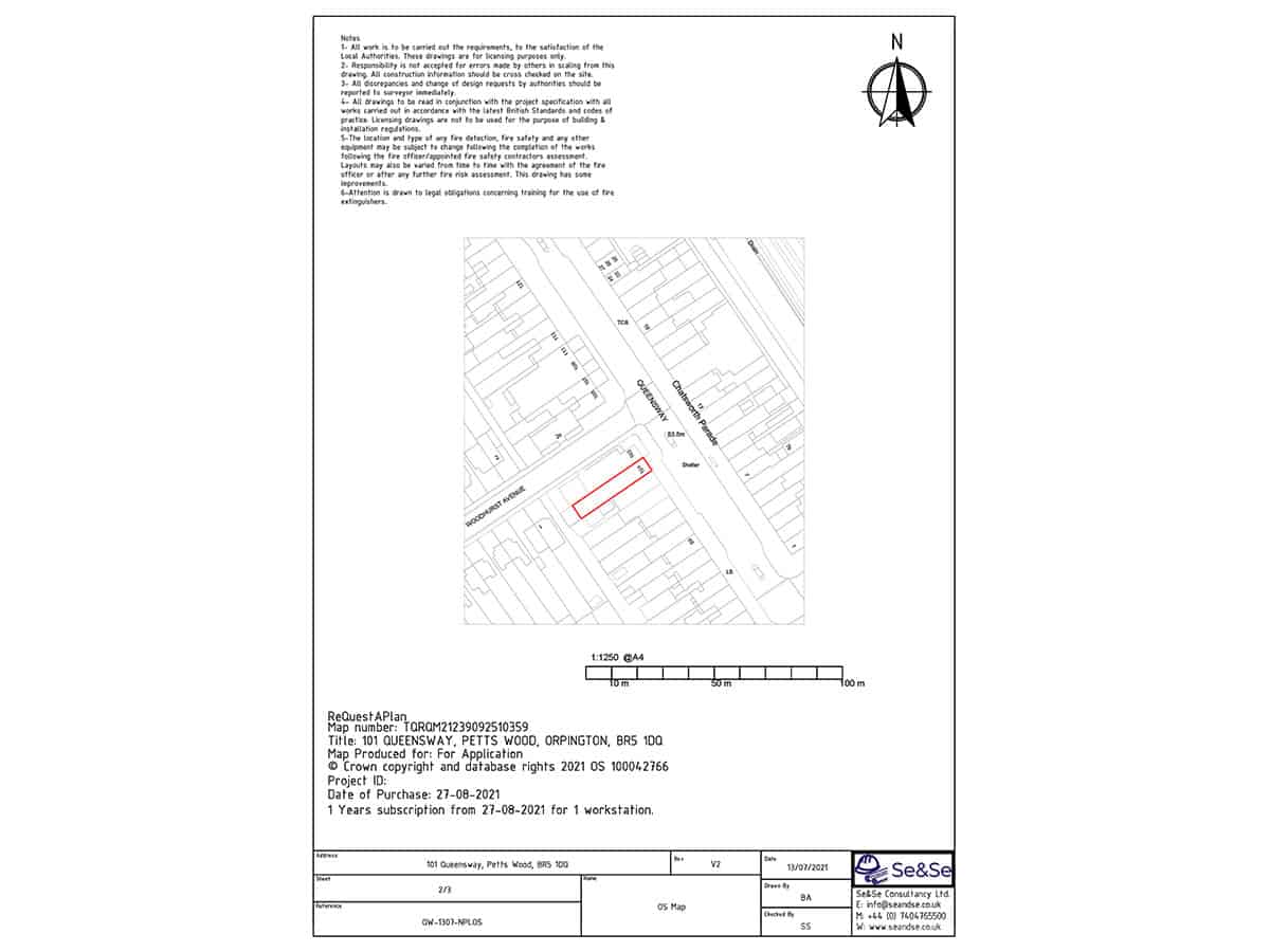 101 Queensway, Petts Wood, BR5 1DQ, United Kingdom, Premises Licence, 1/1250 Scale OS Map Architectural Drawing