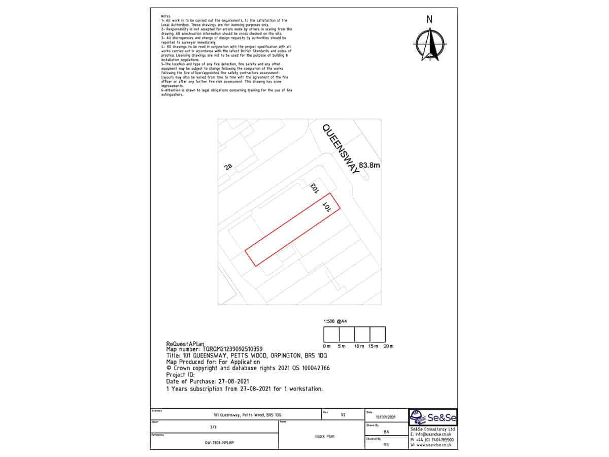101 Queensway, Petts Wood, BR5 1DQ, United Kingdom, Premises Licence 1/500 Block Plan Architectural Drawing