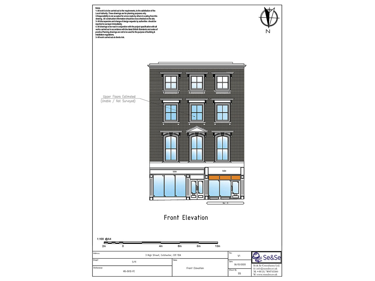 3 High Street, Colchester, CO1 1DA, United Kingdom, Planning Application, Existing Front Elevation Architectural Drawing