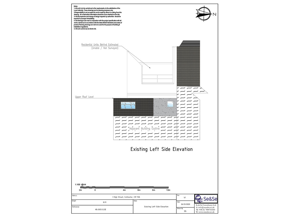 3 High Street, Colchester, CO1 1DA, United Kingdom, Planning Application, Existing Left Side ElevationArchitectural Drawing