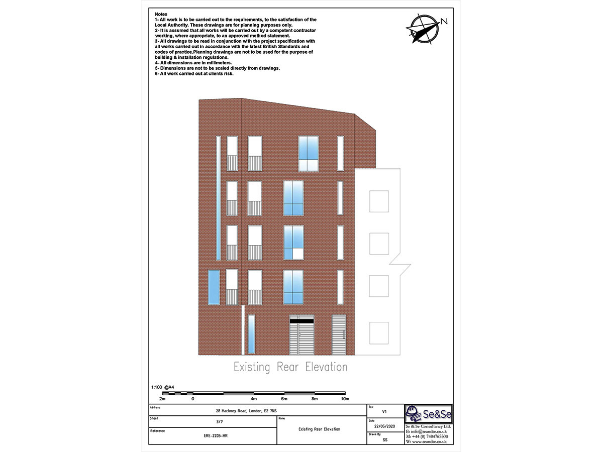 28 Hackney Road, London, United Kingdom, E2 7NS, Planning Application Existing Rear Elevation Architectural De