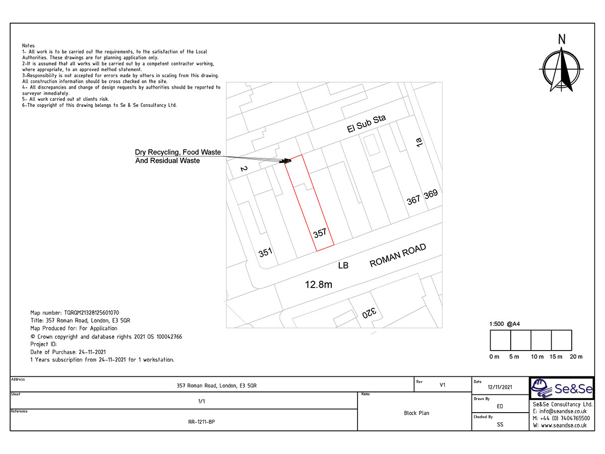357 Roman Road, London, E3 5QR, United Kingdom, Extraction System Planning Application Block Plan- Tower Hamlets Council