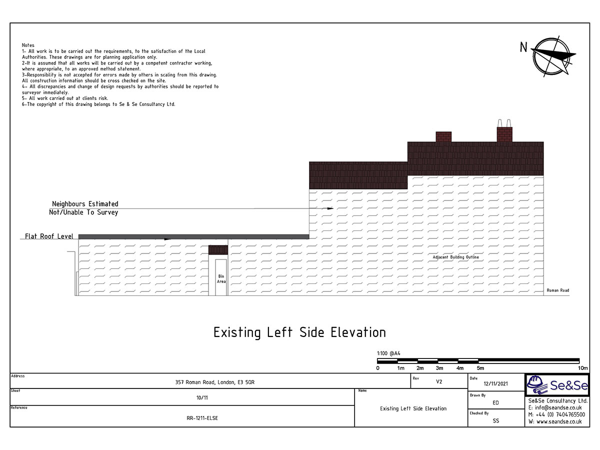 357 Roman Road, London, E3 5QR, United Kingdom, Extraction System Planning Application Existing Left Side Elevation - Tower Hamlets Council