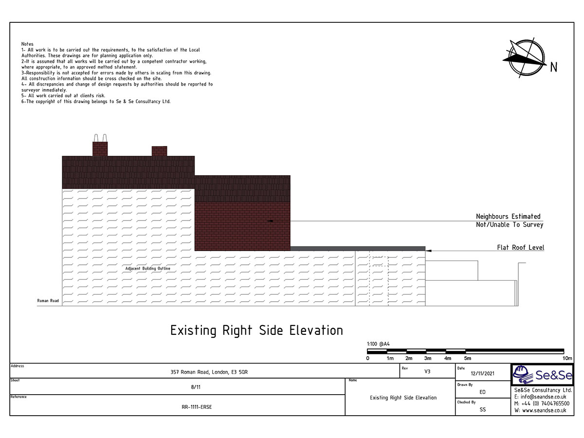357 Roman Road, London, E3 5QR, United Kingdom, Extraction System Planning Application Existing Right Side Elevation- Tower Hamlets Council