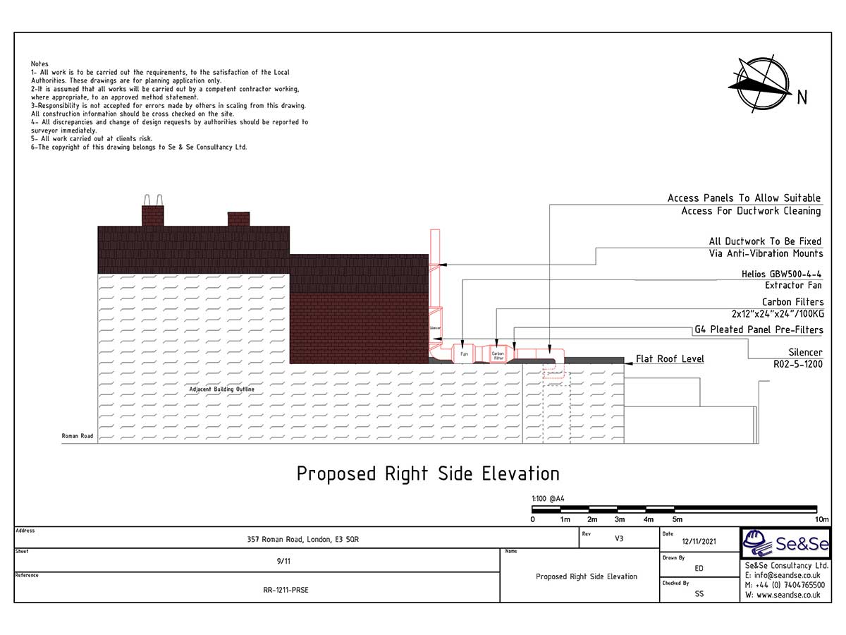357 Roman Road, London, E3 5QR, United Kingdom, Extraction System Planning Application Proposed Right Side Elevation- Tower Hamlets Council