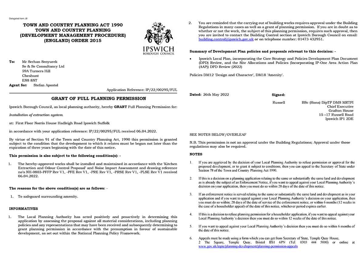 Norris House, Hadleigh Road, Elton Park Industrial Estate, Ipswich, Suffolk, IP2 0HU, United Kingdom, Extraction System Planning Application Decision Notice