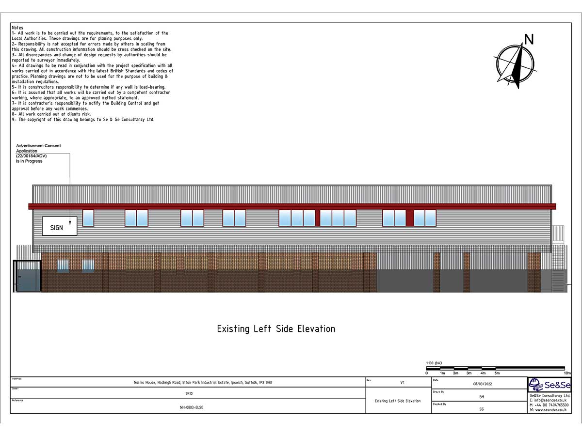 Norris House, Hadleigh Road, Elton Park Industrial Estate, Ipswich, Suffolk, IP2 0HU, United Kingdom, Extraction System Planning Application, Existing Left Side Elevation