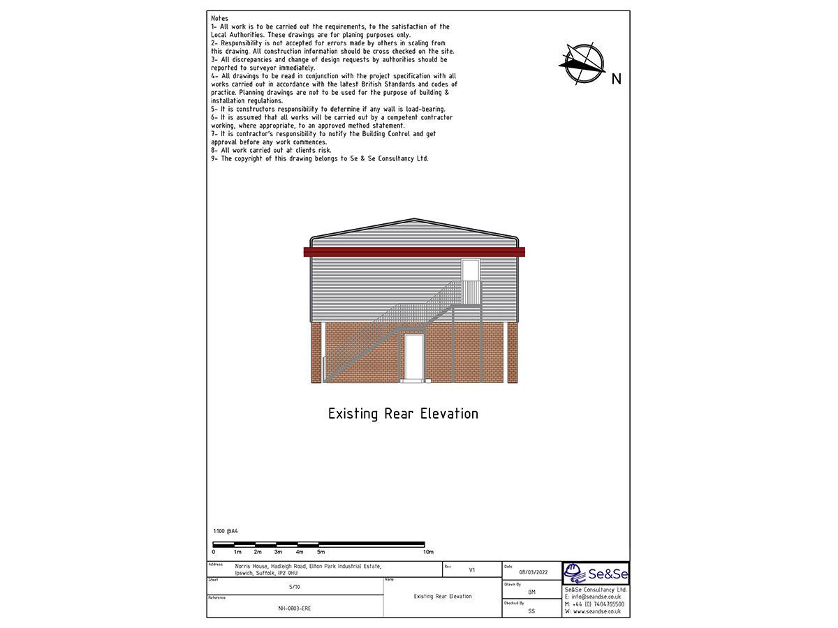 Norris House, Hadleigh Road, Elton Park Industrial Estate, Ipswich, Suffolk, IP2 0HU, United Kingdom, Extraction System Planning Application, Existing Rear Elevation