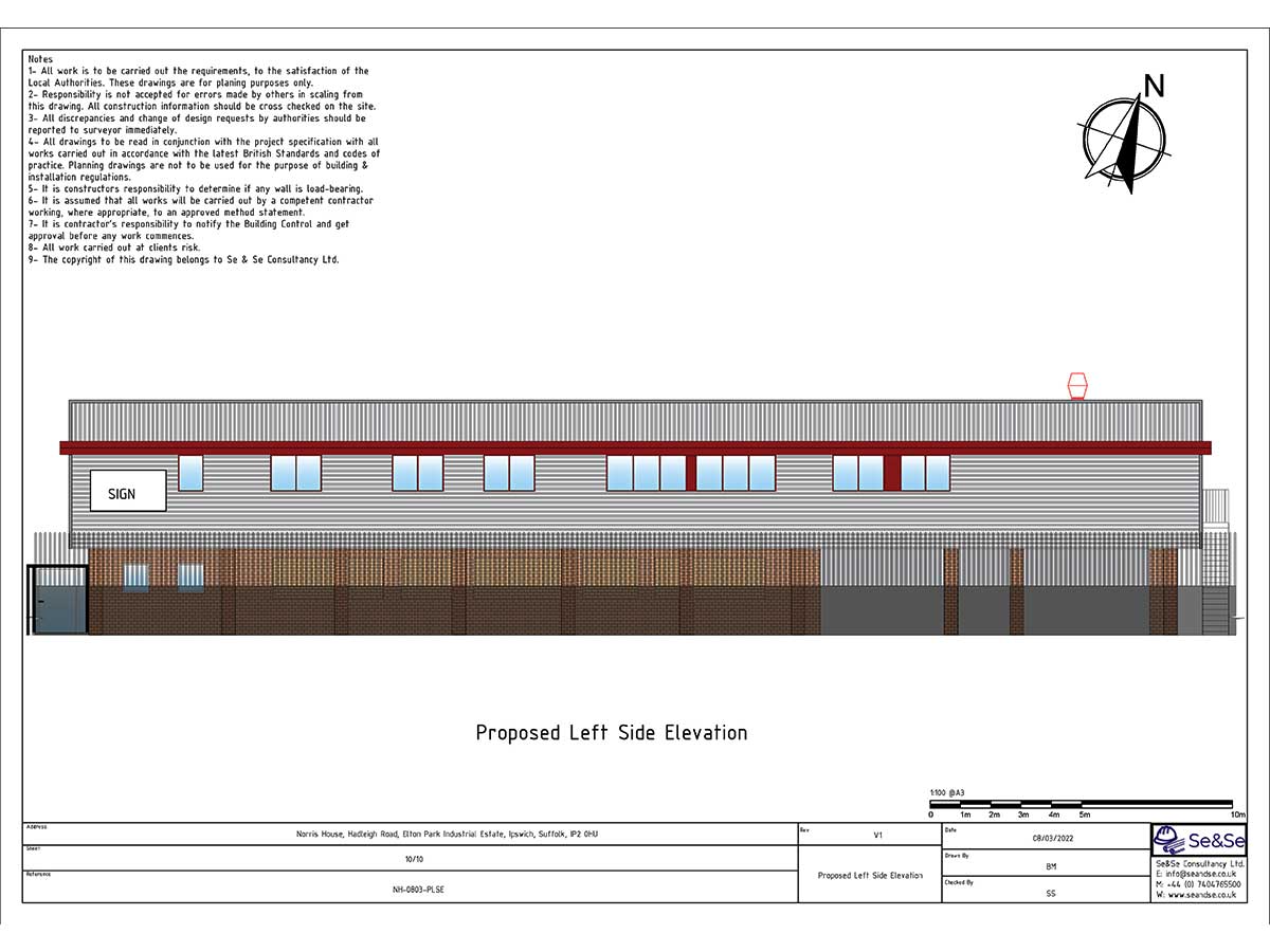 Norris House, Hadleigh Road, Elton Park Industrial Estate, Ipswich, Suffolk, IP2 0HU, United Kingdom, Extraction System Planning Application, Proposed Left Side Elevation