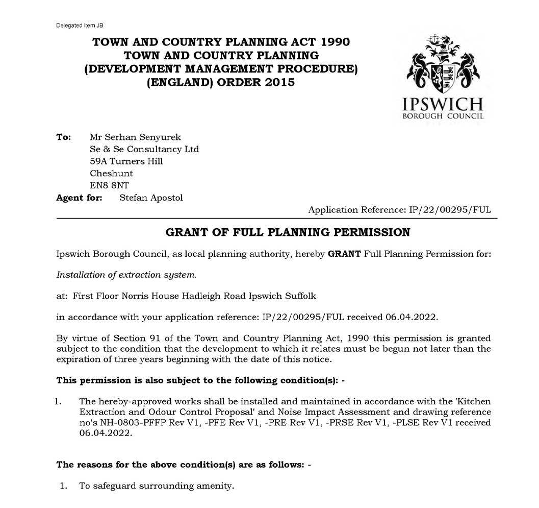 Norris House, Hadleigh Road, Elton Park Industrial Estate, Ipswich, Suffolk, IP2 0HU, United Kingdom, Extraction System Planning Application Permission Decision Notice