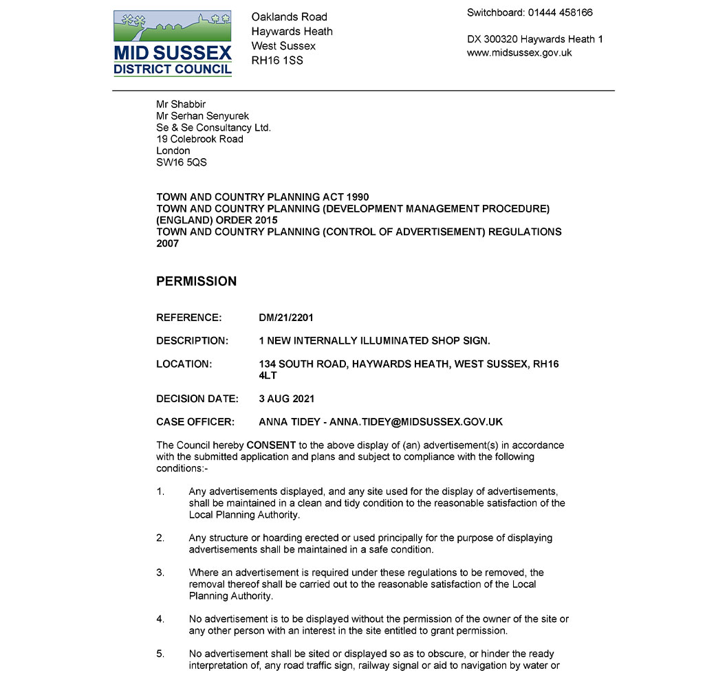 134 South Road, Haywards Heath, RH16 4LT, United Kingdom, Signage Application Decision Notice - Mid Sussex District Council