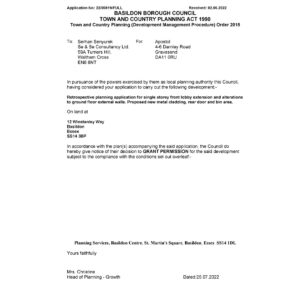 12 Winstanley Way Basildon Essex SS14 3BP, United Kingdom, Extension Planning Application Decision Notice by Basildon Council
