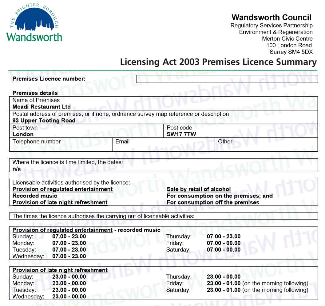 93 Upper Tooting Road, London, SW17 7TW Premises Licence Latest Permissions