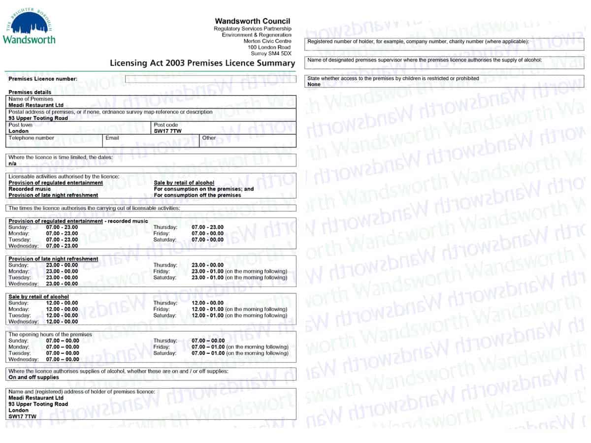 93 Upper Tooting Road, London, SW17 7TW - Premises Licence from Wandsworth Borough Council