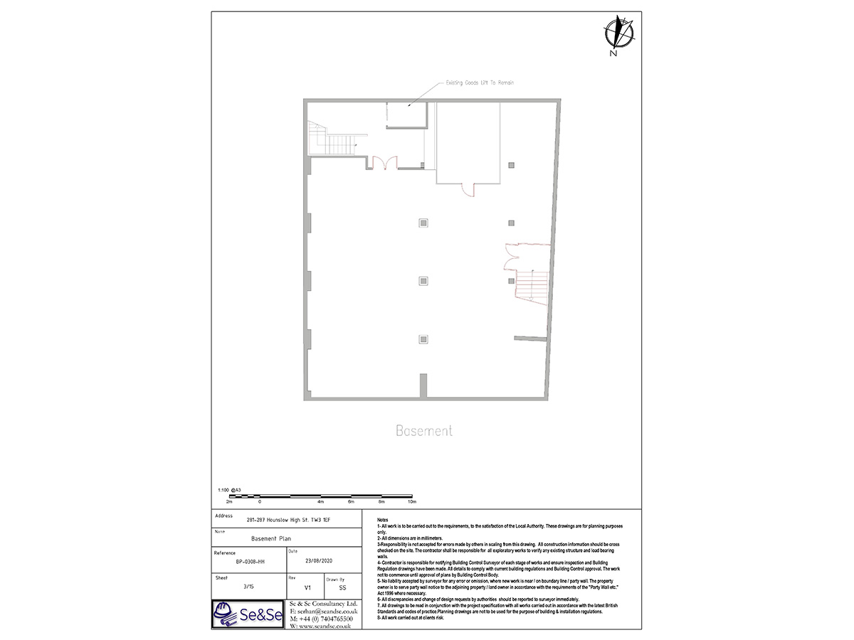 281-287 Hounslow High Street, London, United Kingdom, TW13 1EF, Planning Application, Existing Basement Floor Plan Architectural Drawing