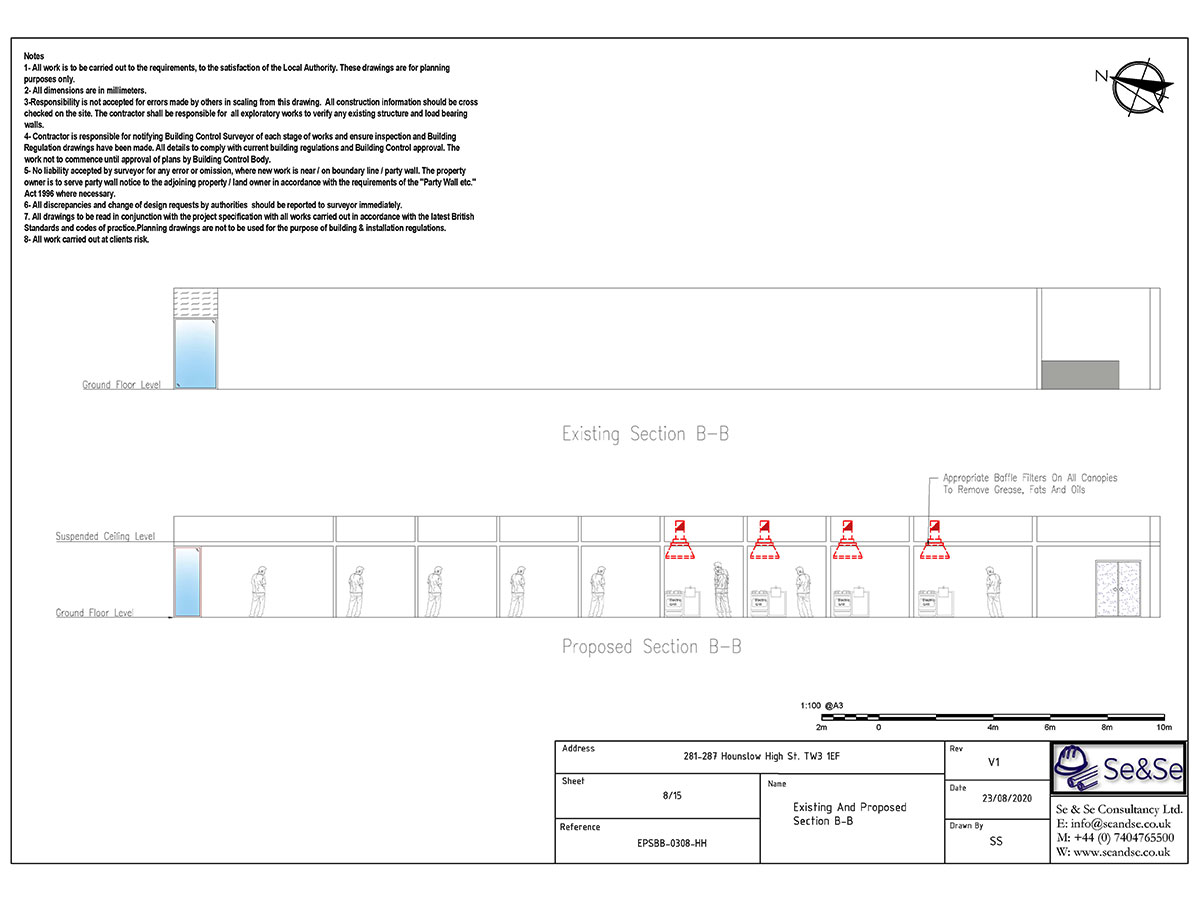 281-287 Hounslow High Street, London, United Kingdom, TW13 1EF, Planning Application, Existing and Proposed BB Section Architectural Drawing