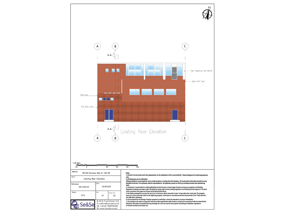 281-287 Hounslow High Street, London, United Kingdom, TW13 1EF, Planning Application, Existing Rear Elevation Architectural Drawing