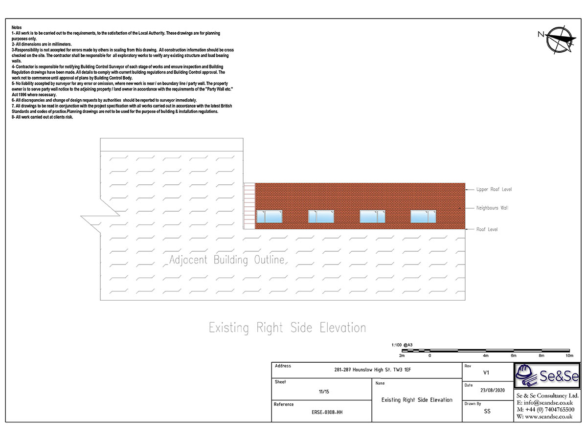 281-287 Hounslow High Street, London, United Kingdom, TW13 1EF, Planning Application, Existing Right Side Elevation Architectural Drawing