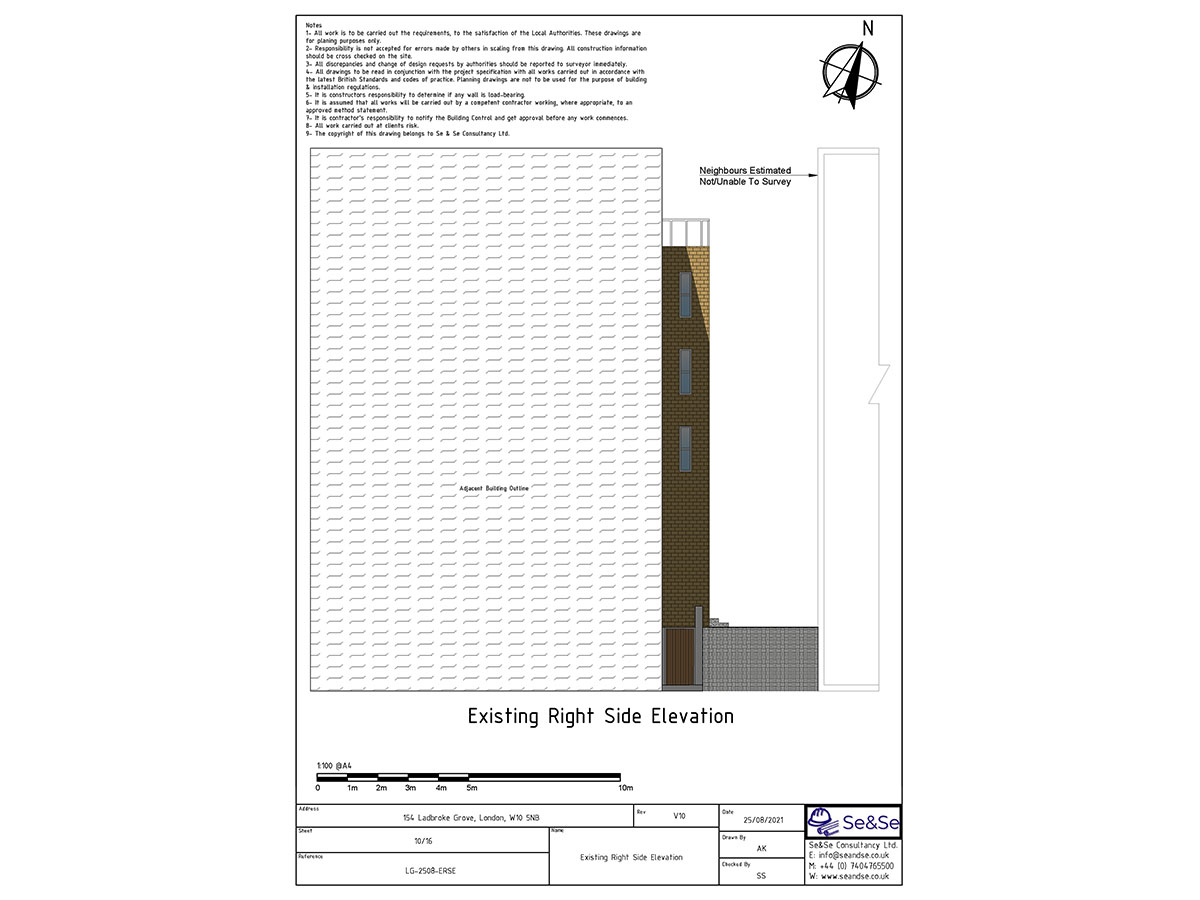 154 Ladbroke Grove, London, W10 5NB United Kingdom, Planning Application for Extraction System, Existing Right Side Elevation Architectural Drawing