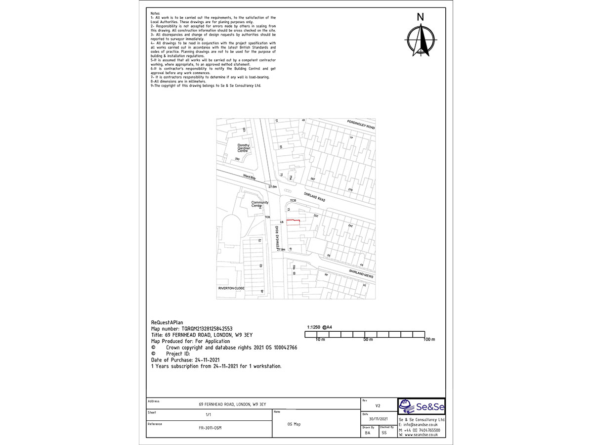 69 Fernhead Road, London, W9 3EY,United Kingdom Planning Application OS Map Location Plan Architectural Drawing