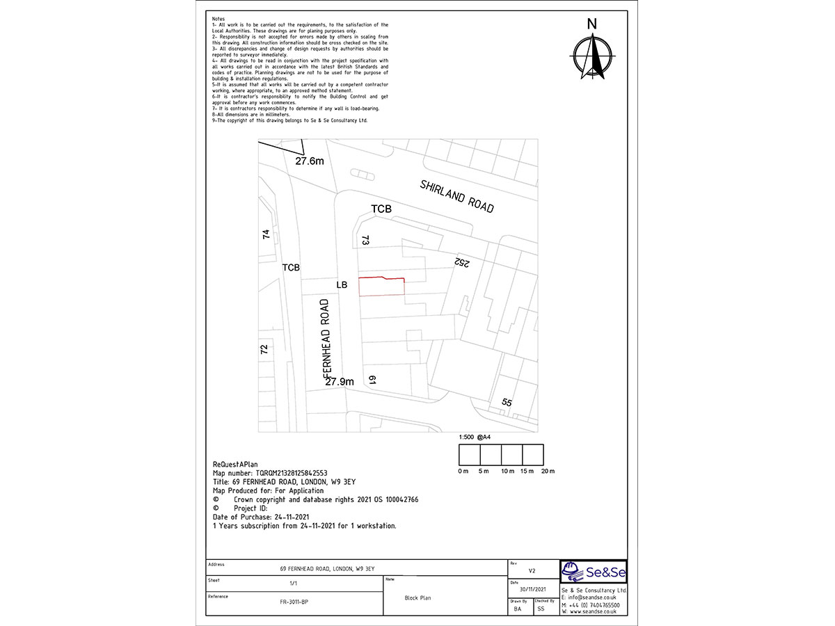 69 Fernhead Road, London, W9 3EY,United Kingdom Planning Application Block Plan Architectural Drawing