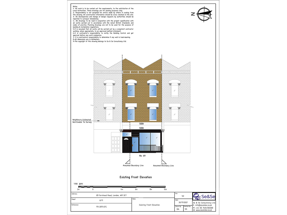 69 Fernhead Road, London, W9 3EY,United Kingdom Planning Application Existing Front Elevation ectural Drawing