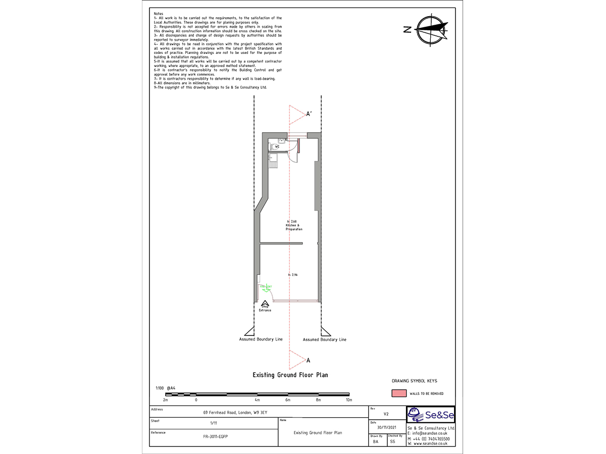 69 Fernhead Road, London, W9 3EY,United Kingdom Planning Application Existing Ground Floor Plan Architectural Drawing