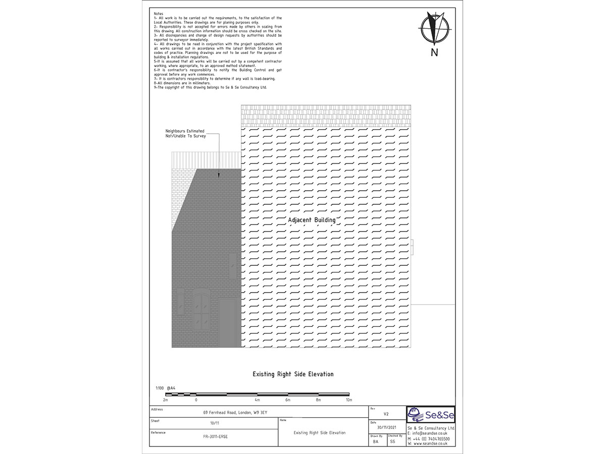 69 Fernhead Road, London, W9 3EY,United Kingdom Planning Application Existing Right Side Elevation Architectural Drawing