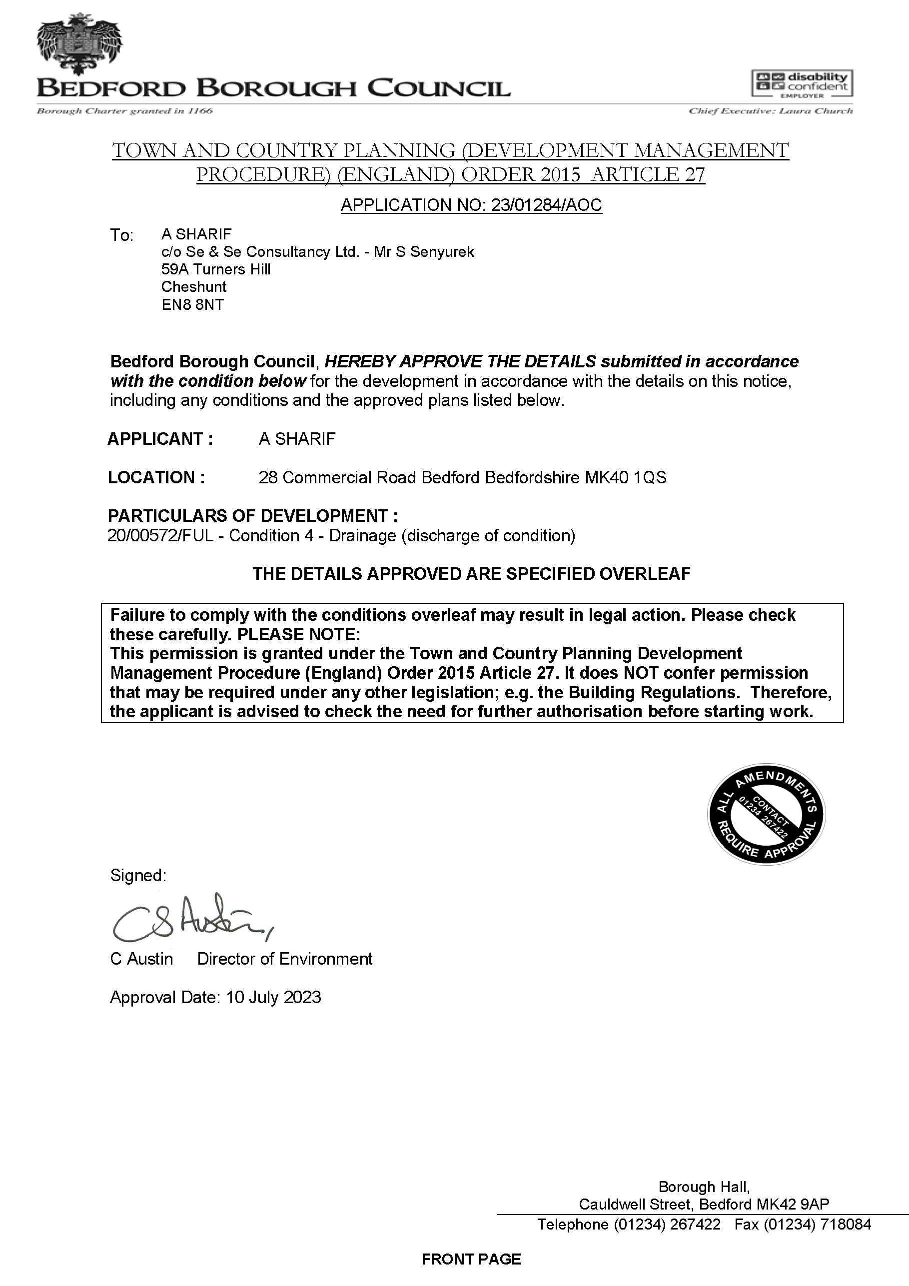 In the past, a previous application was submitted by someone else but unfortunately, it was rejected. Based on the feedback from previous application rejections, we have addressed the officer's concerns and supplied the requested information in our application. This application includes comprehensive details about the location and full details of the drainage system, including the oil/silt trap and tank that will deal with the waste water draining to the sewer. The application was Granted Permission.