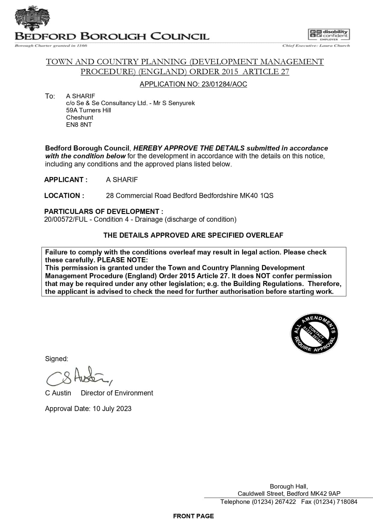 Decision letter for planning permission from Bedford Borough Council on commercial development at 28 Commercial Road Bedford.