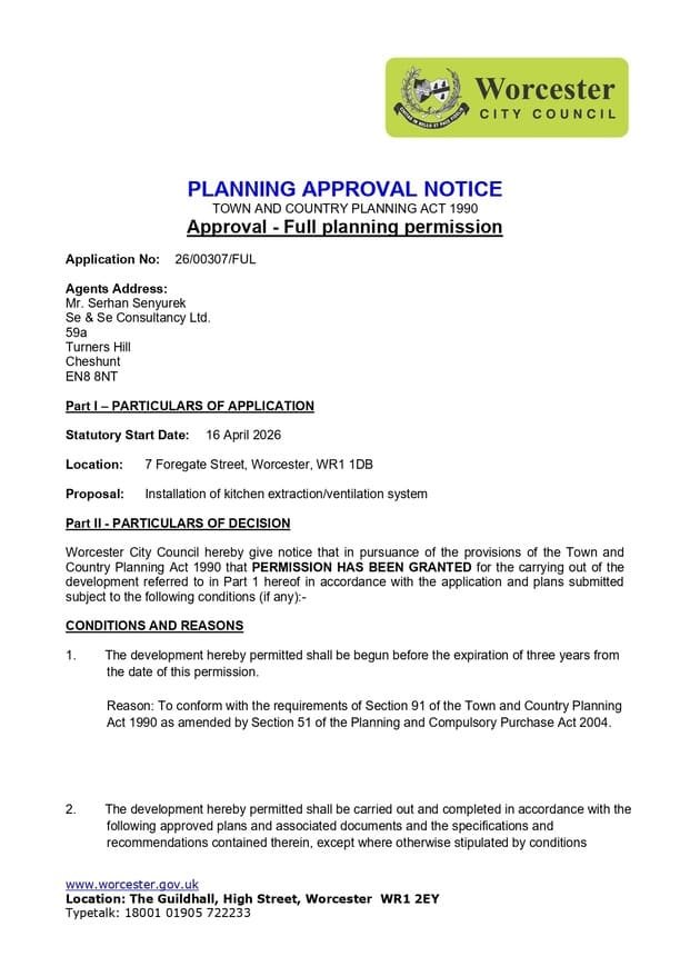 Decision. Notice for the Installation of Extraction System at 7 Foregate Street Worcester