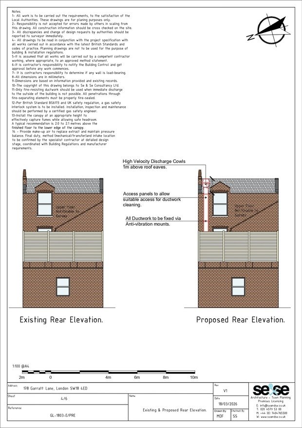 Planning drawing showing the proposed extraction system at 178 Garratt Lane SW18 4ED